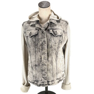 Express Jeans Womens Distressed Denim Jacket Hoodie Knit Sleeves Gray Wash LARGE